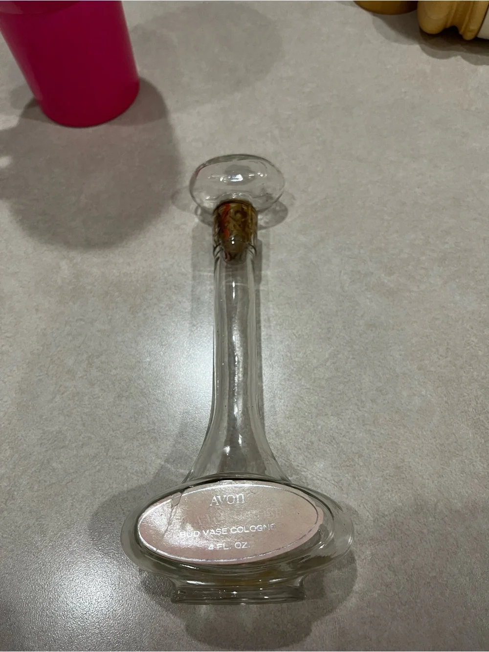 Avon Clear Glass Bud Vase with Pink Label and Multicolor Accent